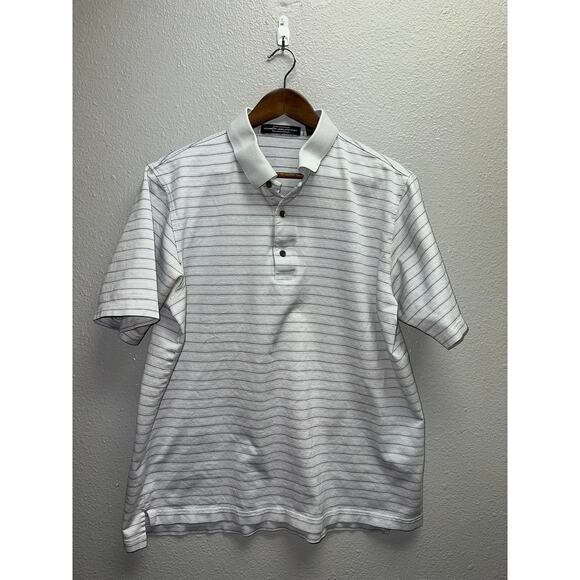 The Broadmoor Golf Polo Shirt Club Carnoustie Gray Striped Top Stained Large - Picture 1 of 9